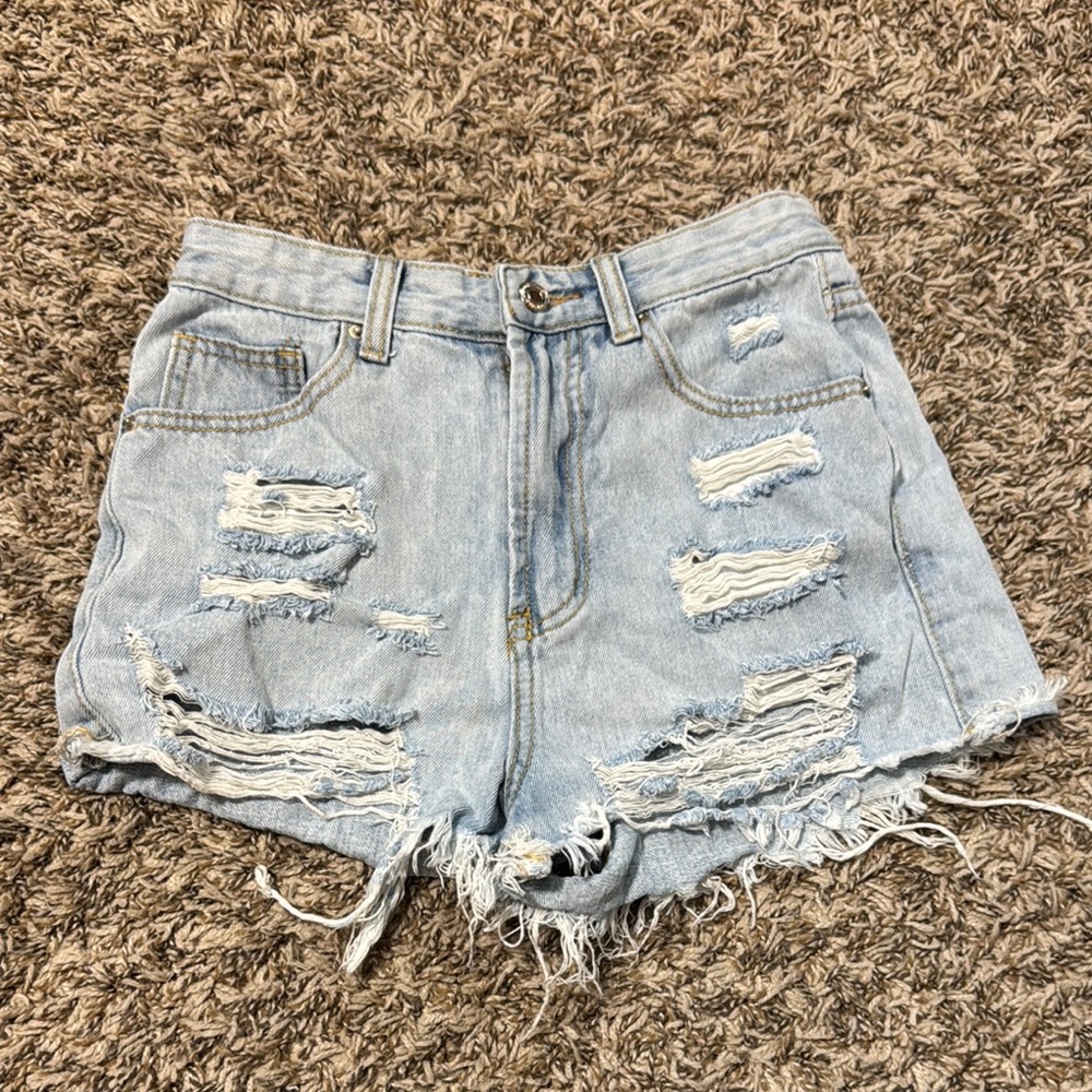 SHEIN Blue Distressed Jean Shorts High-Waisted Cut-Off